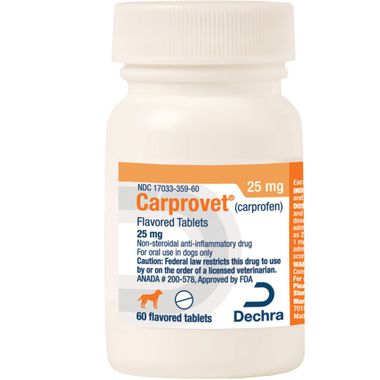 Photograph of a bottle, label reads 'Carprovet Flavored Tablets'